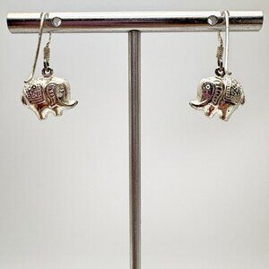 VTG Sterling Silver 925 Elephant Textured Dangle Earrings Size 1" Length
